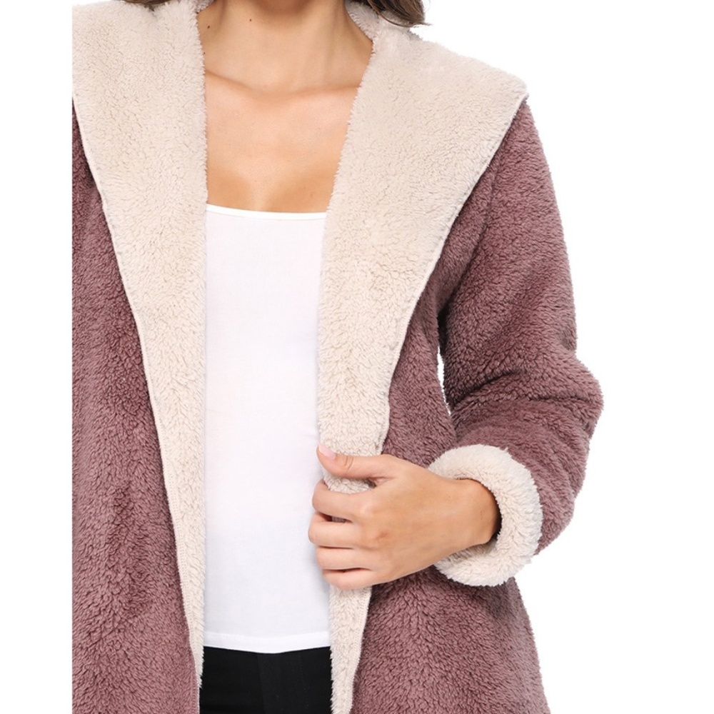 Mauve Teddy Sherpa Fleece Hood Cardigan Jacket - Picture 5 of 8